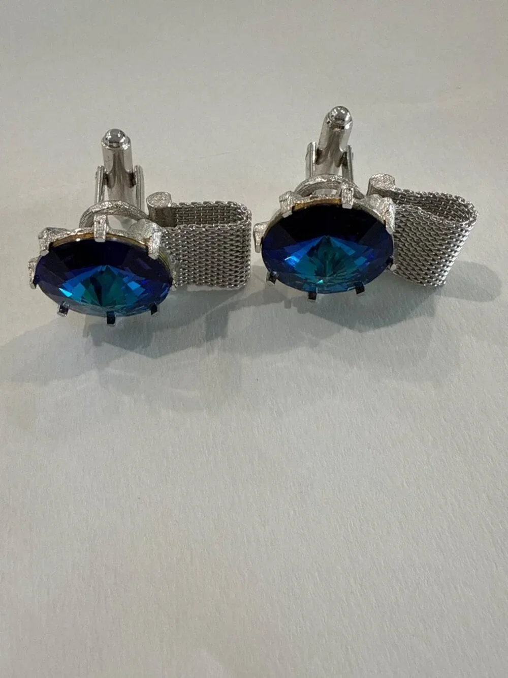 Vintage mesh cufflinks,  Blue Black Rivoli Glass stones 2 pair